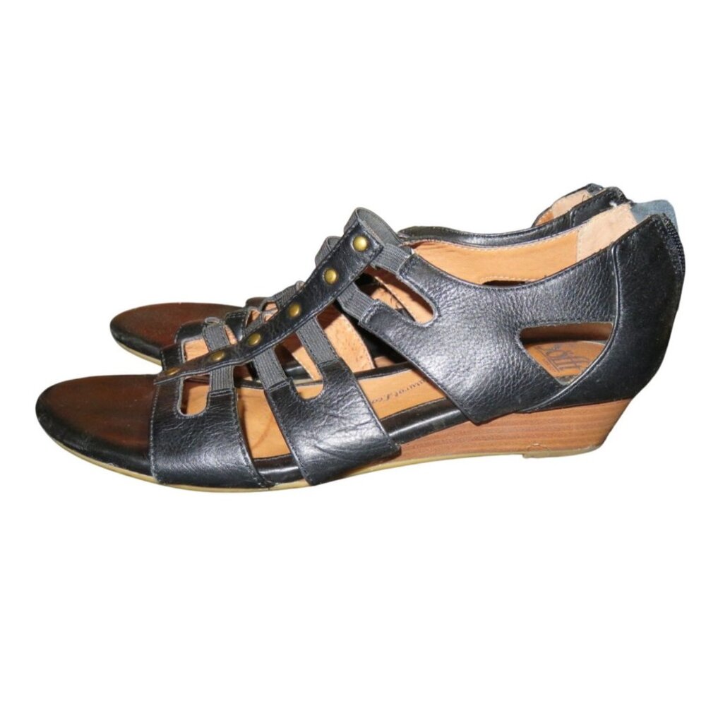 SOFFT Ilana Black Full Grain Leather Wedge Embellished Studded Back Zip Sandals